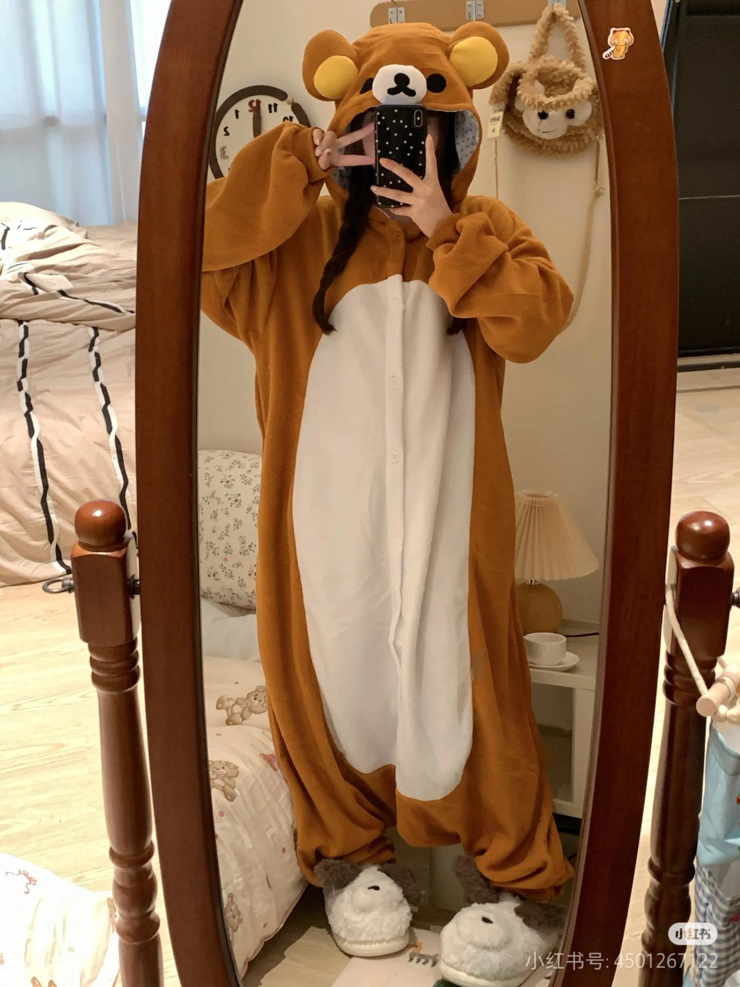 Adult Rilakkuma Kigurumi Bear Sister Onesie - Baggy Longsleeves Loose Polyester Anime Pajama, Oversized Cartoon Jumpsuit Nightwear & Loungewear