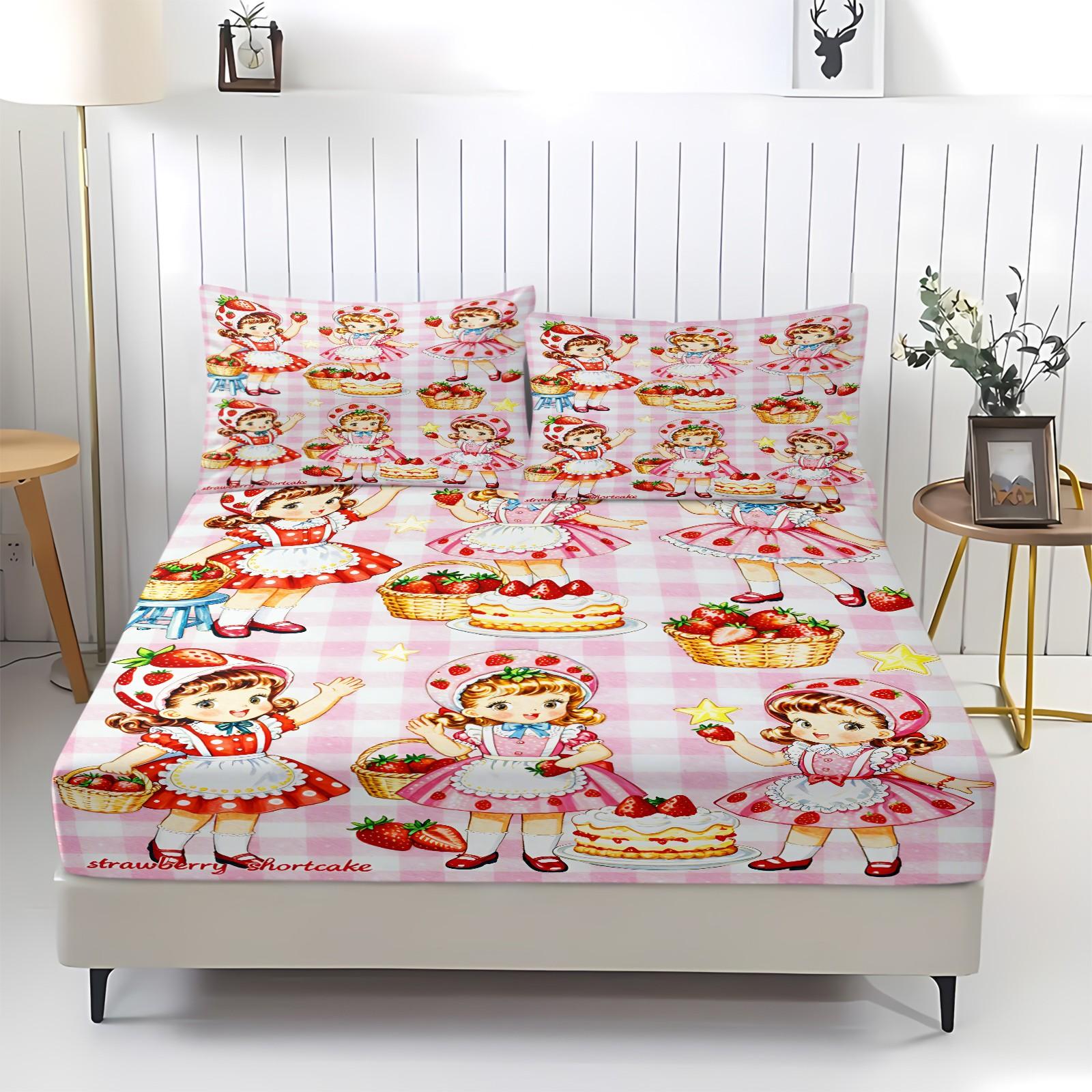 Strawberry Sweetheart Fitted Sheet Set and 2 Pillowcases No Core, Bright Colors, Watercolor Style Characters Collection, Soft Anti-Slip Wrinkle-Resistant, Fairy-Tale Girls Room, Kids Room Decor, Gift Idea