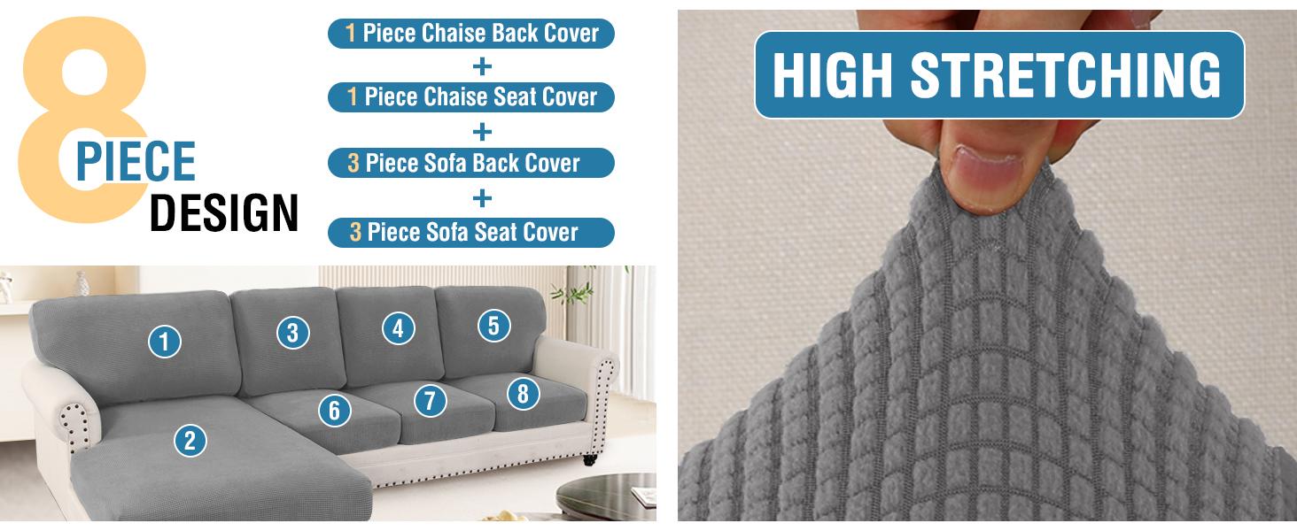 H.VERSAILTEX Sectional Couch Covers 6 or 8 Pieces Stretch Sofa Covers for Sectional Sofa Set Separate L Shaped Couch Cover for Both Left/Right Couch