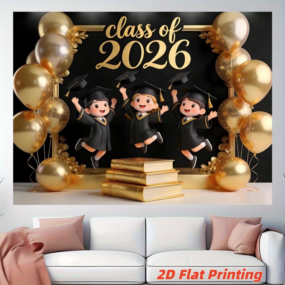 2D Flat Class of 2026 Graduation Decoration Set 1 piece banner + 3 piece door curtain set Polyester material, balloons, bachelor's uniform and book banner 2026 Graduation Ceremony Party Photo Hanging Cloth Campus Graduation Season Banners Banners Couplet