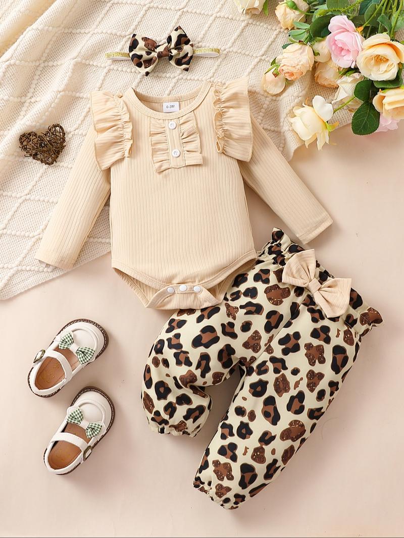 Three-piece Set Girl's Plain Ruffle Trim Bodysuit & Leopard Print Elastic Waist Pants & Hair Band Set, Casual Long Sleeve Round Neck Bodysuit & Trousers & Hair Band for Daily Wear, Kids Clothing for All Seasons, Girl Clothes, Essentials Set