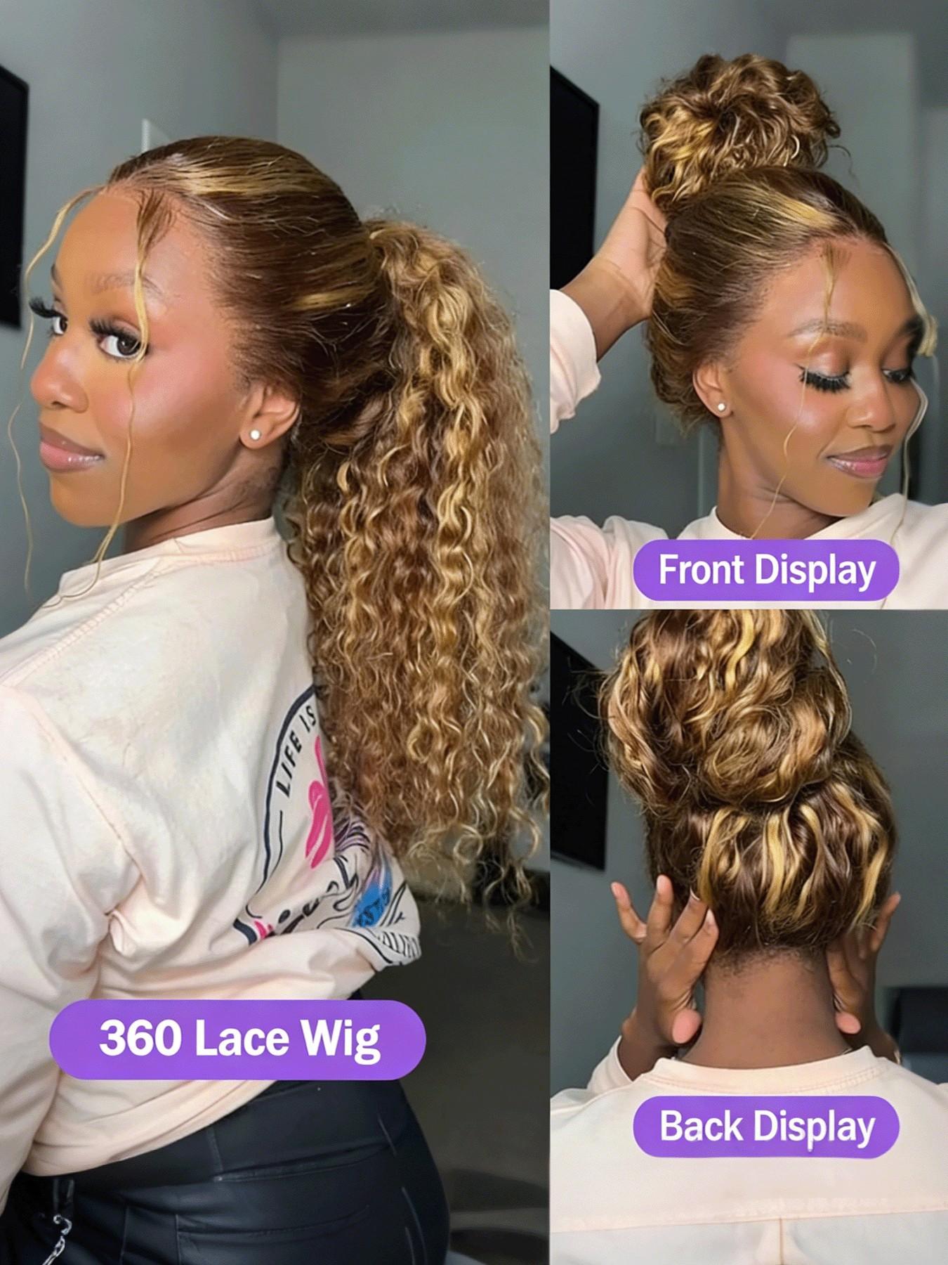 Invisible Drawstring 360 Full Lace Wig Glueless Kinky Curly Human Hair Wigs Hidden Adjustable Strap P4/27 Highlight Transparent Lace Frontal Wig Pre-Plucked With Baby Hair Can Make Ponytail And Bun Multicolor For Women Deep Curly