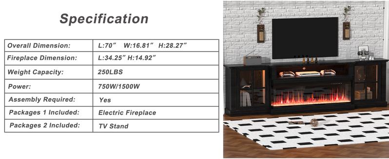 【2 Packages Shipping】Dragosum 3-Sided Fireplace TV Stand, 70-Inch Entertainment Center for Up to 80-Inch TVs with 34-Inch Electric Fireplace, LED Lights, and Farmhouse Glass Door Cabinet