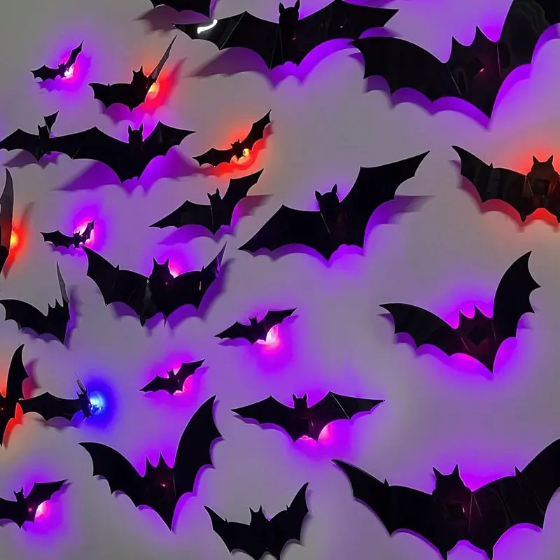 Halloween Bats Wall Decor Indoor 36 Pack, 3D Foldable Bats with LED Lights and Adhesive Tapes, 10 Designs for Wall Ceiling Garage Party Decor,cowboy