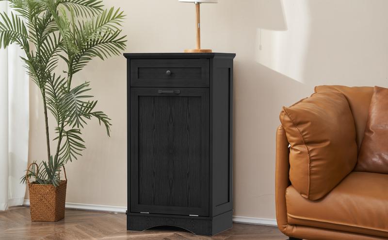 【Does Not Include Trash Can】DRAGOSUM 13 Gallons Wood Garbage Recycling Cabinet, Freestanding Kitchen Trash Bin Cabinet, Tilt Out Trash Cabinet with Hideaway Drawer, Pet Proof Trash Can, Holder for Kitchen Living Room