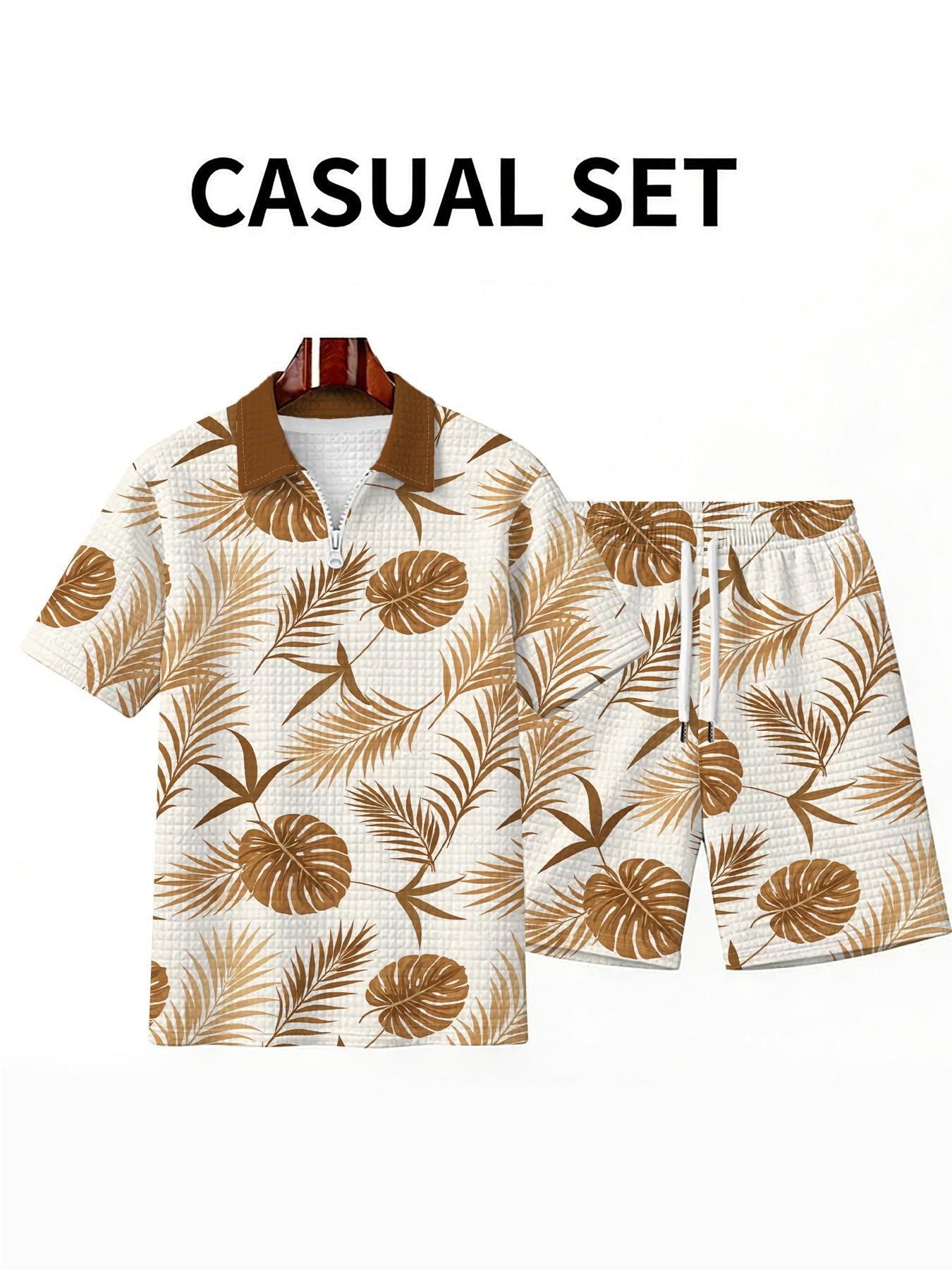 Men's Tropical Plant Leaf Jumper Polo Set, Large Size Zipper Design, Summer Casual Breathable Beach Wear