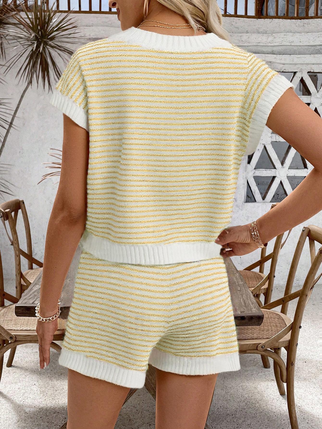 Elegant Women's Spring Summer Fashion Casual Home Leisure Weekend Holiday Travel Beach Vacation Solid Knit Striped Ribbed Hollow Round Neck Sleeveless Sweater Set