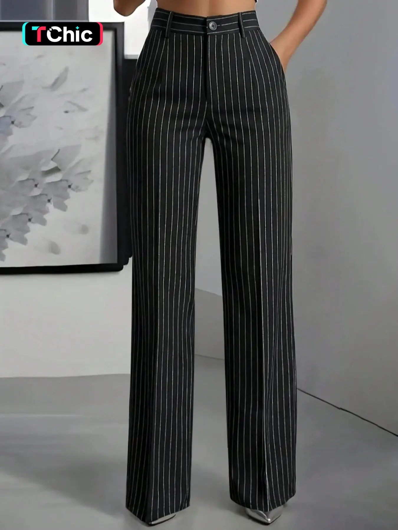 Women's Minimalist Commuter Elastic Waist Black & White Striped Pants, Spring/Summer