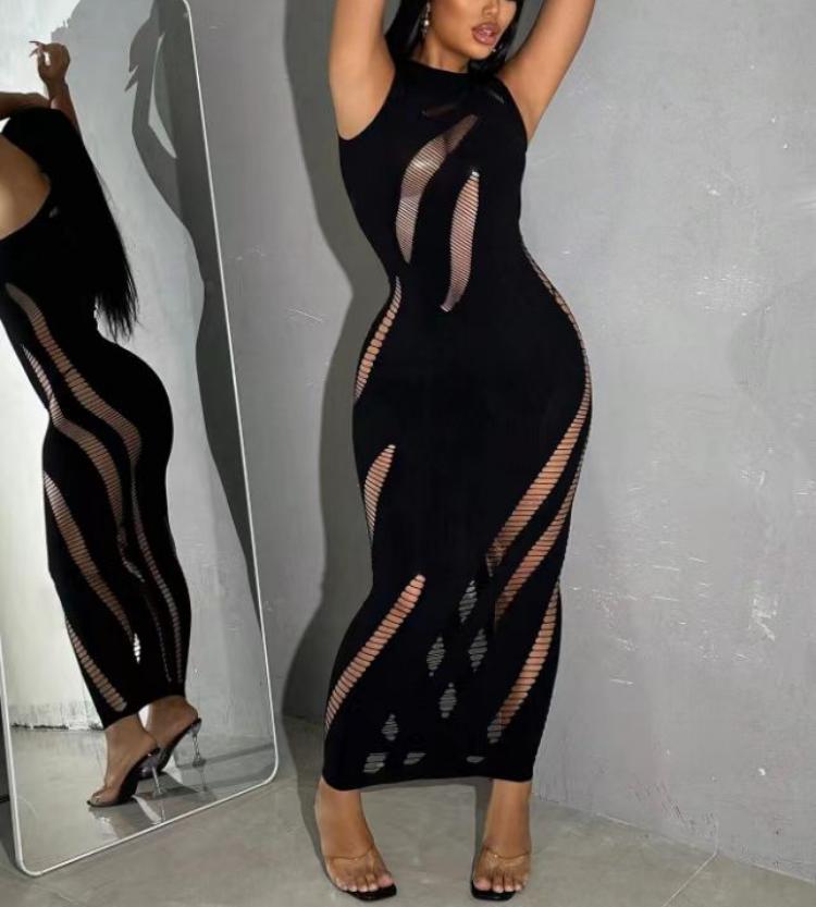 One size thin knitting Women's Black Sleeveless Striped Hollow Out Dress Formal Elegant Strapless Long Outfit for Girls