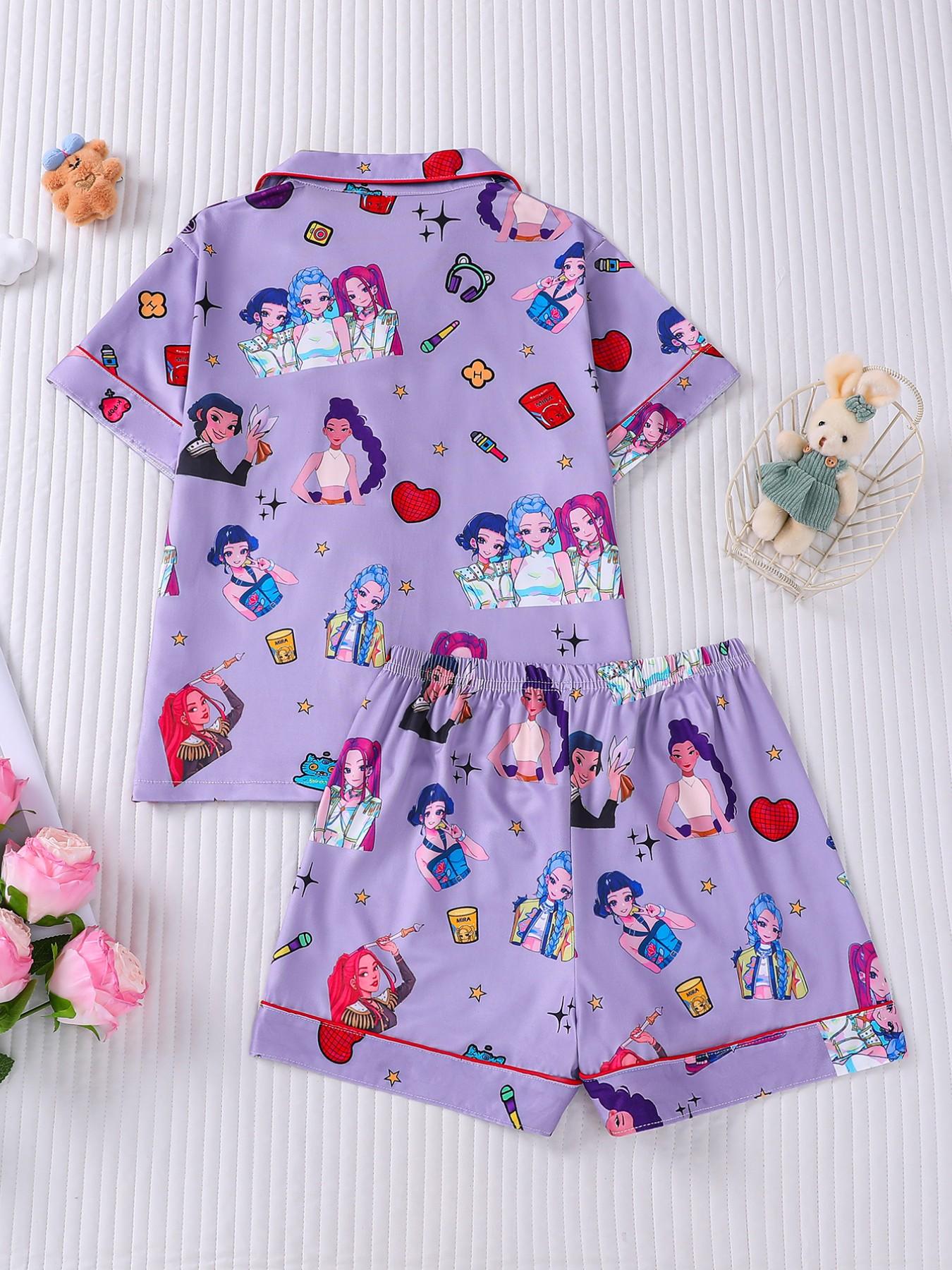 2-piece children's set featuring full-body K-pop cartoon girl prints, short sleeves, shorts with soft and comfortable top, small pockets, lapel design, elastic waistband, suitable for year-round home wear, casual leisure children's pajama set