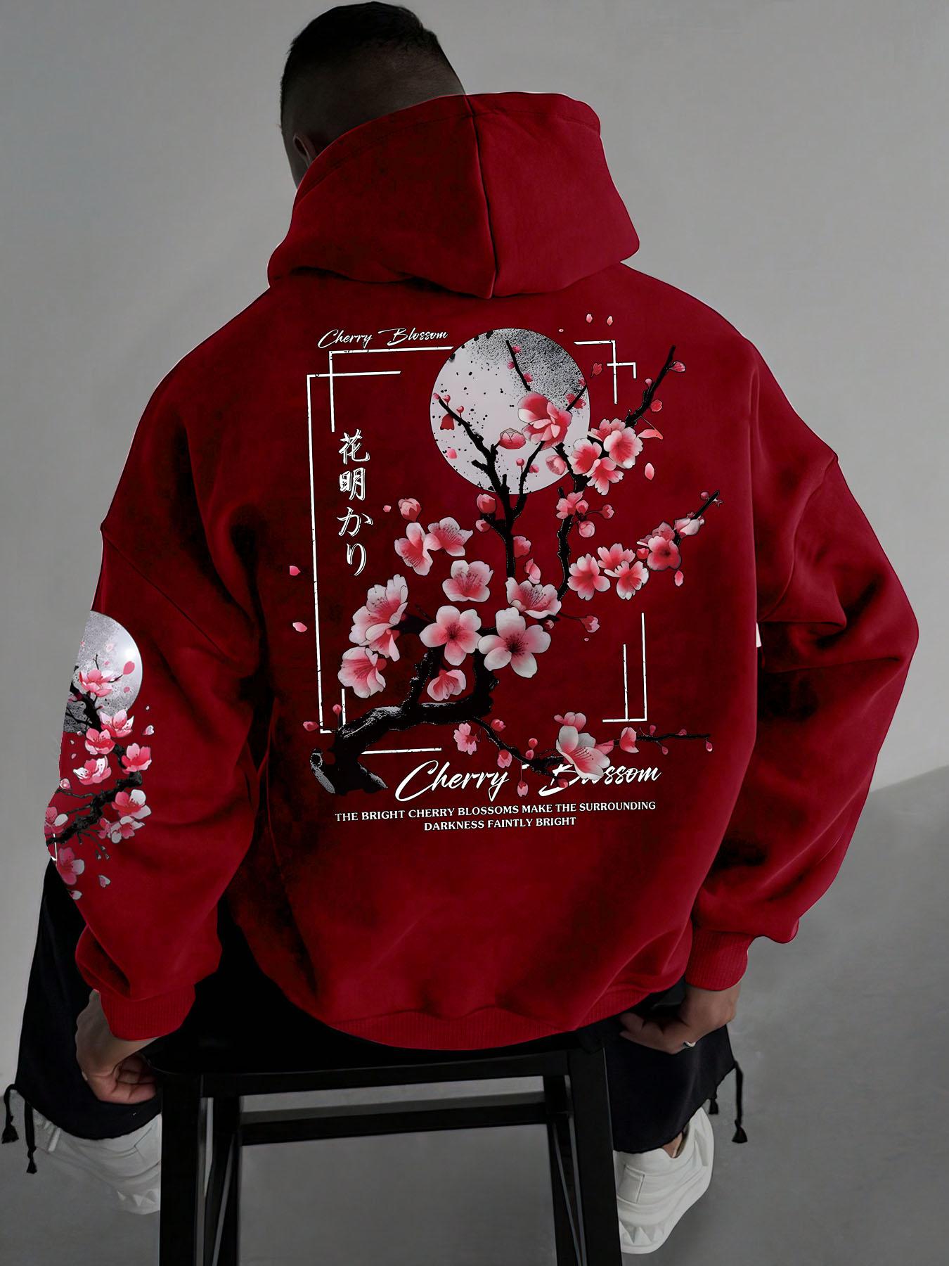 Men's Floral Print Drop Shoulder Thermal Lined Hoodie, Floral Hoodies, Fashion Casual Regular Fit Drawstring Pocket Hooded Sweatshirt, Casual Streetwear Sweatshirt for Daily Holiday Outdoor Wear, Men Clothes for Fall & Winter
