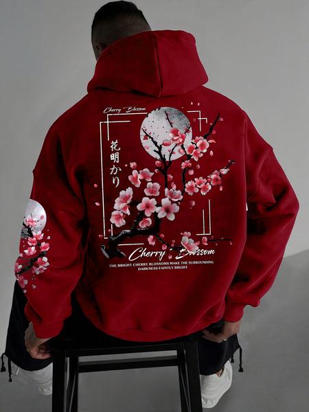 Men's Floral Print Drop Shoulder Thermal Lined Hoodie, Graphic Print Hoodie, Fashion Casual Regular Fit Drawstring Pocket Hooded Sweatshirt, Casual Streetwear Sweatshirt for Daily Holiday Outdoor Wear, Men Clothes for Fall & Winter