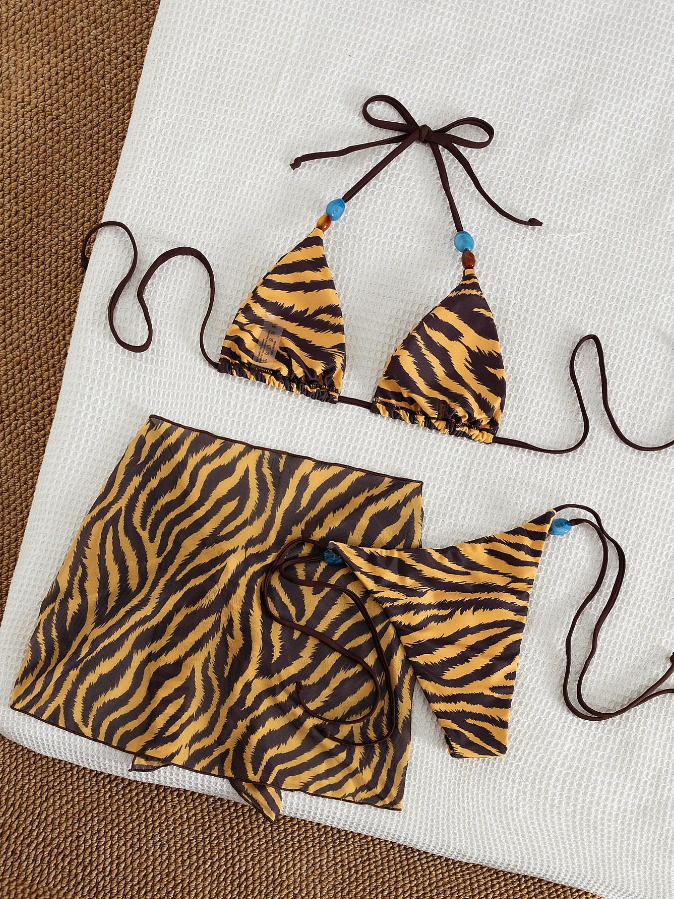 Women's summer beach brown three-piece tie back bikini suit, tiger skin print triangle halter top and side lace-up bottoms plus mesh skirt, seductive sexy swimsuit suitable for women, holiday pool party fashion swimsuit, Wrapped Bikini Set