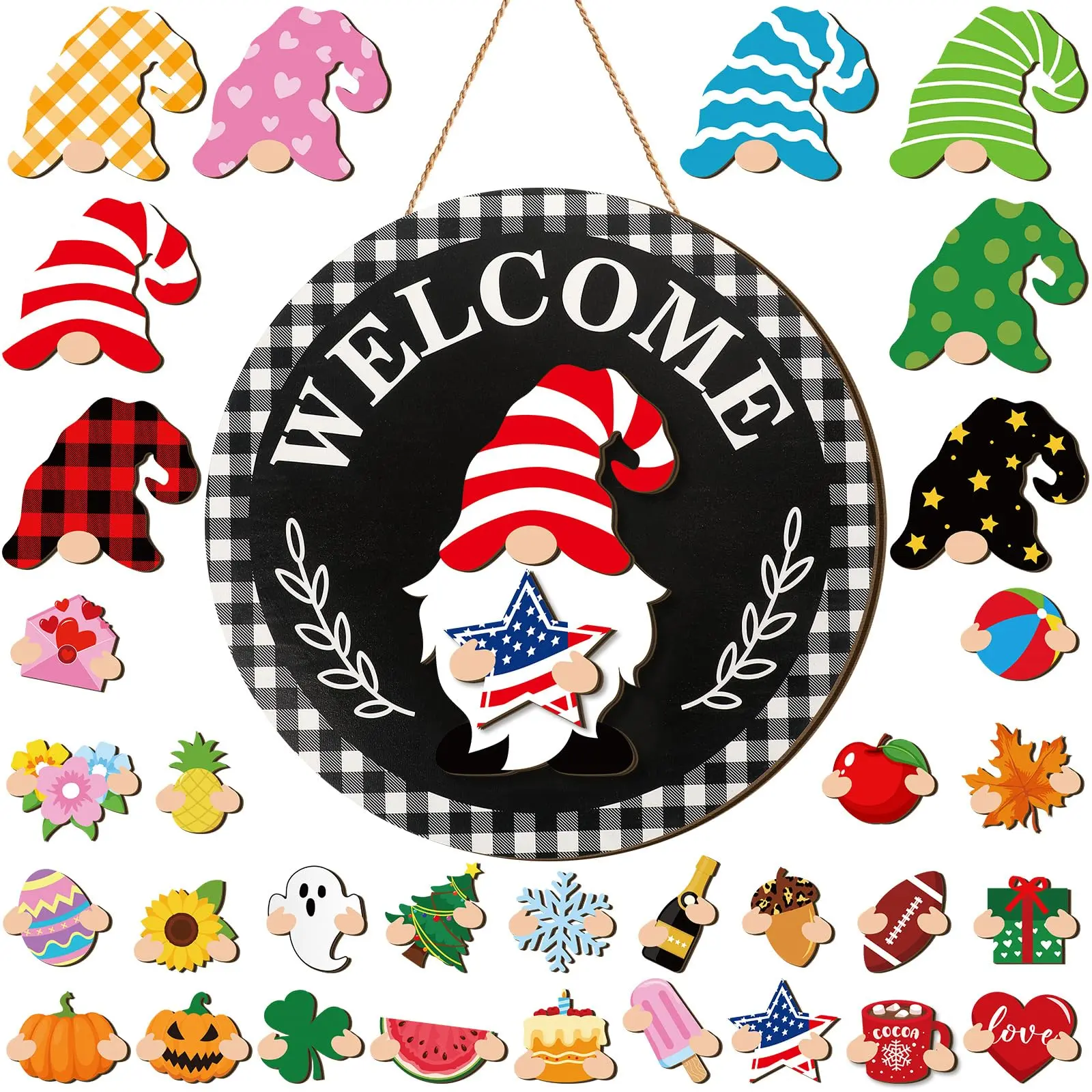 Black Buffalo Plaid Magnetic Gnome Welcome Sign Kit - 32PCS Interchangeable Seasonal Wooden Ornaments, All-Season Front Door Hanging Decoration Accessory, Festive Home Gift