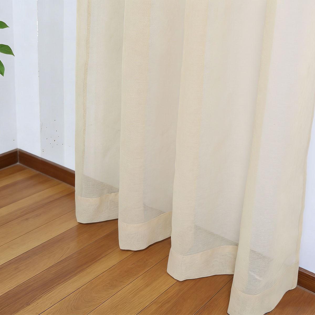 2pcs Creamy Sheer Voile Curtain, Living Room Bedroom Style Perforated Floor-To-Ceiling Window Shade, Balcony Semi-Transparent Curtain