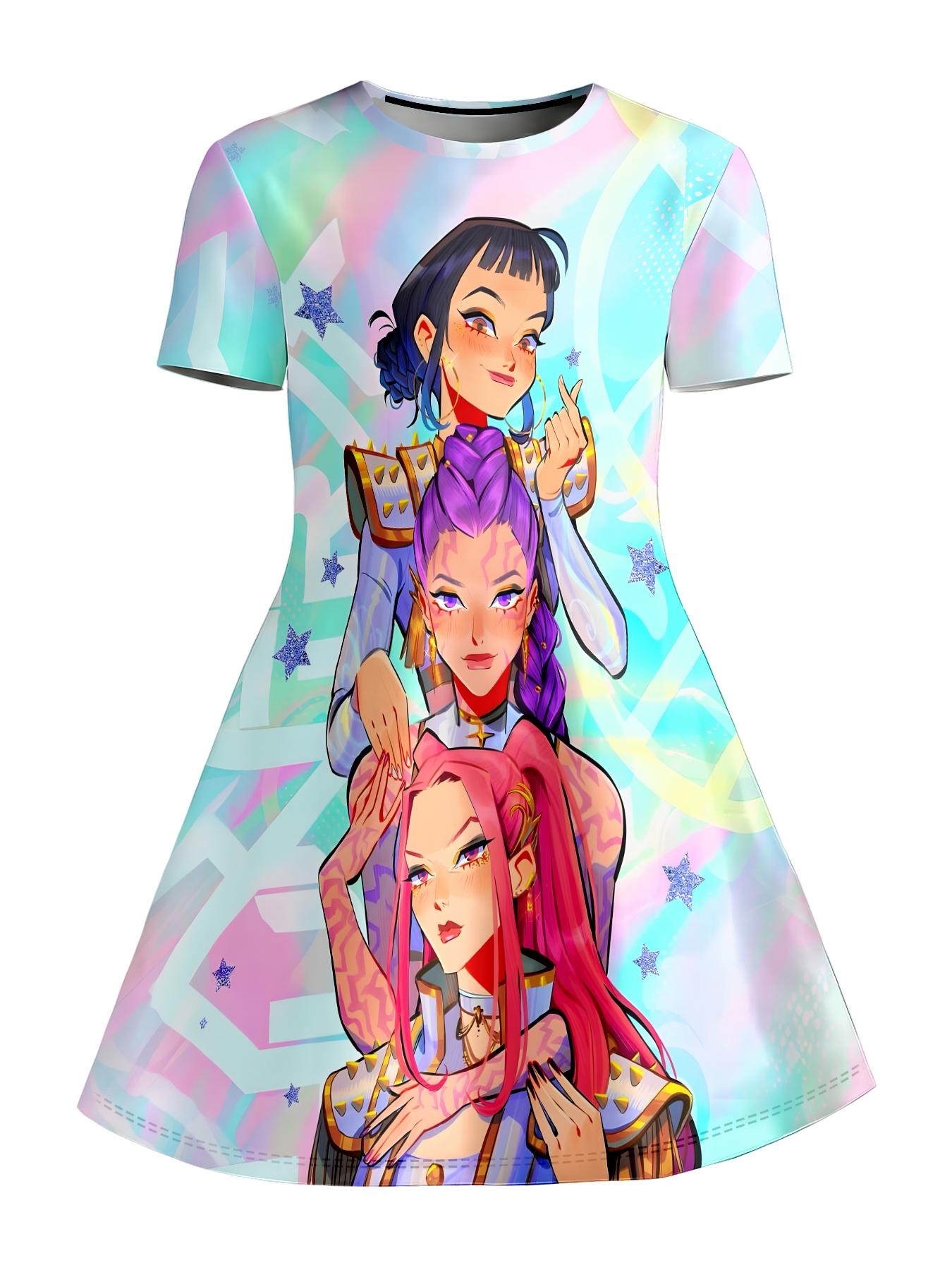 Girls Holographic Gradient Anime Girl Group Print Dress, Kids Crew Neck Short Sleeve A-Line Princess Skirt, Casual Summer Skirt for Big Kids