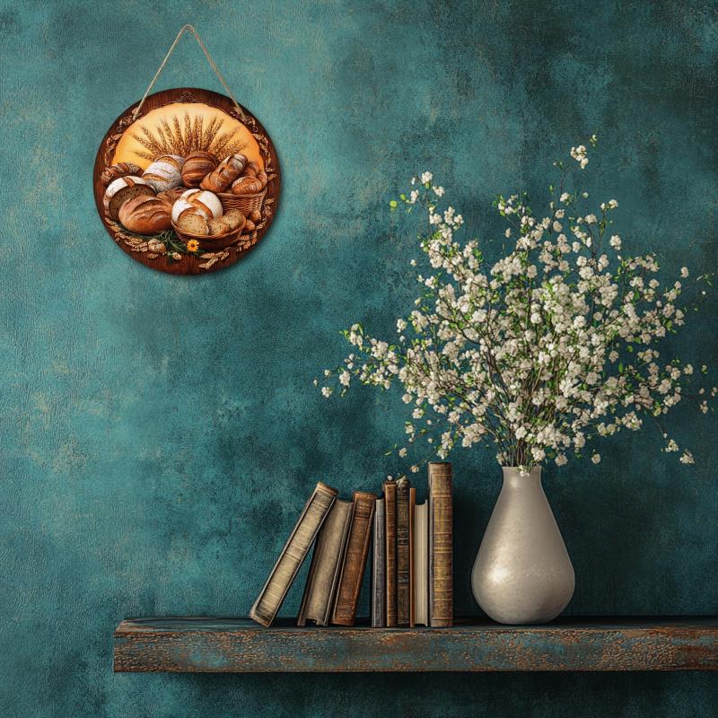Round Wooden Hanging Decor, Bread & Wheat Pattern Hanging Swag, Wall Art Decor for Home Kitchen Coffee Shop Office, Hangable