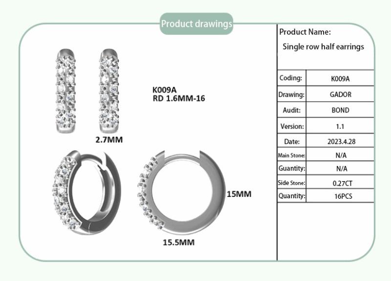 Double row half earrings S925 silver moissanite diamond quartz D grade 0.27CT S925 Silver Moissanite Stud Earrings