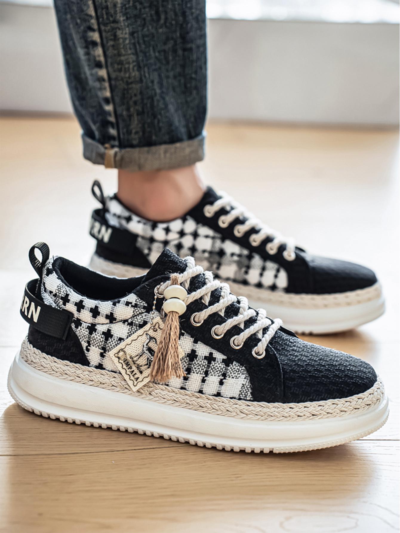 Summer New Men's Retro Plaid Laces, Braided Rope Shoelace Design, Easy-On-Off Hemp Laces, Commuter & Casual Shoes, Versatile Footwear
