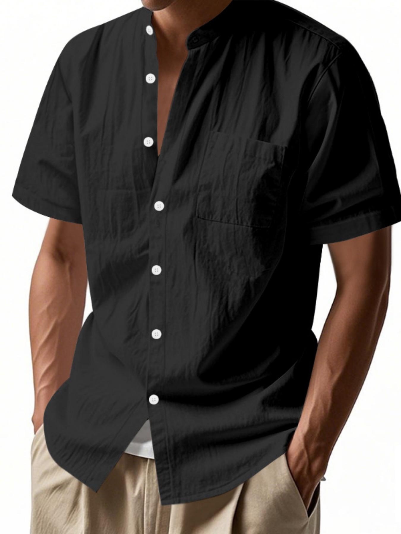 Men's Stand Collar Short Sleeve Shirt, Textured Half Button Front Chest Pocket Top, Breathable Casual Business Versatile Blouse