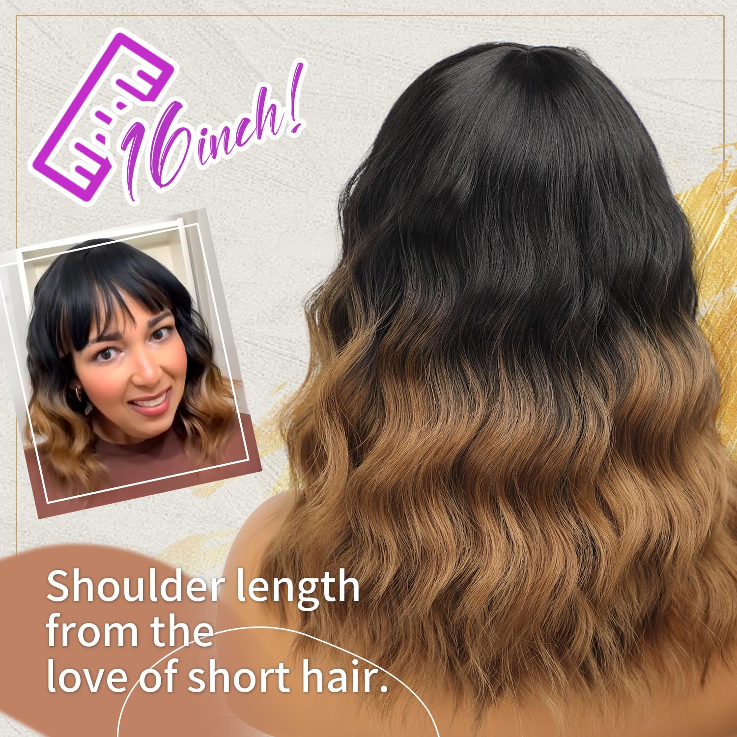 [ AISI HAIR ] Short Wavy Wig with Bangs for Women Shoulder Length Bob Curly Women's Charming Synthetic Wigs with Natural Wavy Black To Brown Heat Resistant Hair for Daily Party Use