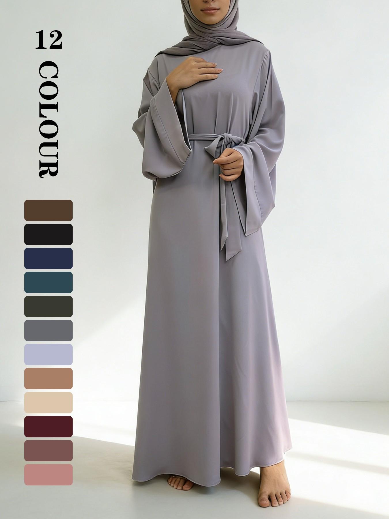 Muslim Modest Fashion Simple Nida High-Quality Long Sleeve Wide Sleeve Dress with Waist Belt, No Hijab Included, 12 Colors, 5 Sizes Available EID Ramadan Dress, Muslim Evening Dress