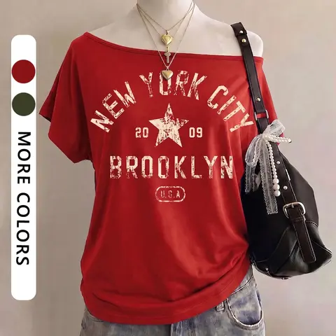 Women's Casual Retro Streetwear T-Shirt, Graphic Tee, Star Letter Print, Multicolor, Loose-Fit, Short Sleeve, Summer & Fall, Fashionable & Trendy