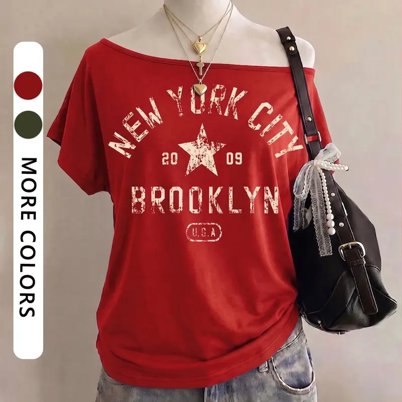 Women's Casual Retro Streetwear T-Shirt, Graphic Tee, Star Letter Print, Multicolor, Loose-Fit, Short Sleeve, Summer & Fall, Fashionable & Trendy