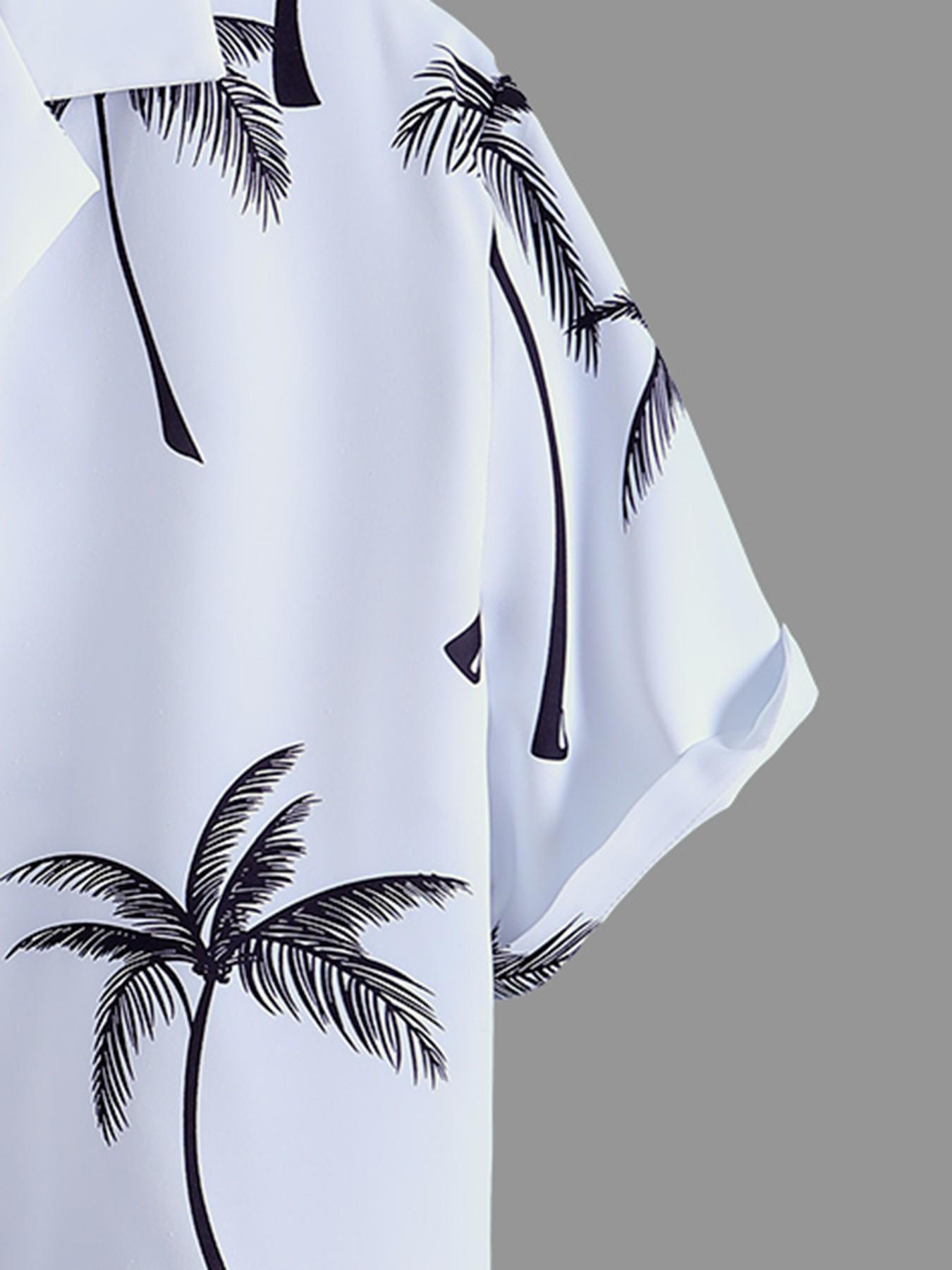 Men's White & Black, Tropical Palm Tree Print Loungewear Set - Short-Sleeve Button-Up Shirt (Rolled Cuffs) + Drawstring Shorts, Ultra-Soft Smooth Fabric, Relaxed Oversize Fit, Perfect for At-Home Lounging, Evening Movie Nights, Lazy Weeke