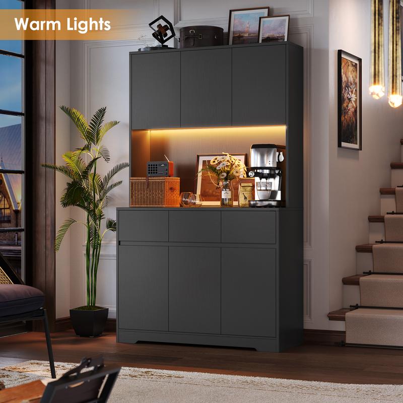 FOTOSOK 71" Modern Black Kitchen Pantry Cabinet with 6 Doors, 3 Drawers, LED Lights, Power Outlets, USB Ports, 39.4" Wx 15.2" Dx 70.9" H