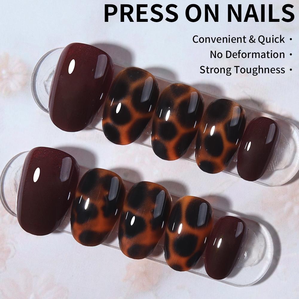 24pcs Short Oval Leopard Print Press-On Nails Set, Nail Kit, Unique Design, Includes Jelly Glue and Nail File, Easy to Wear, Perfect for Parties, Dancing, Daily Use