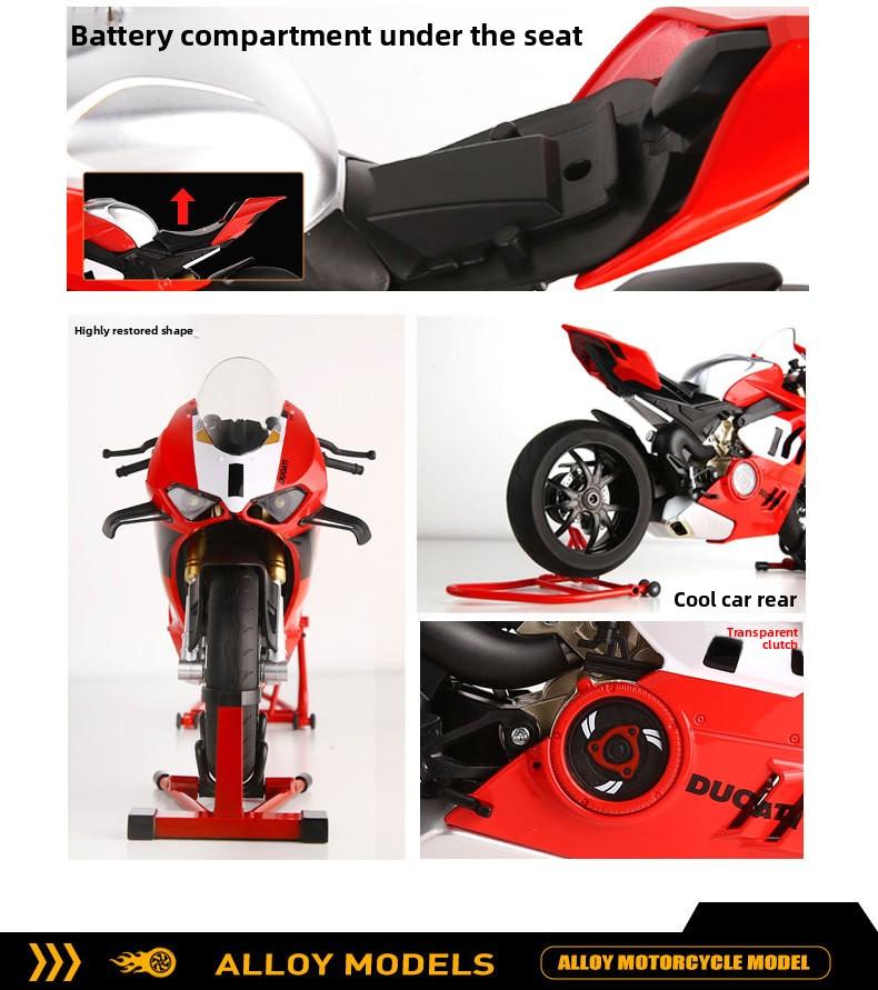 1:6 Ducati V4R electric motorcycle model, capable of starting, with flashing lights, chain-driven, rear wheel rotation, supports adding fuel to the fuel tank. It is an excellent choice for collection and gift giving.