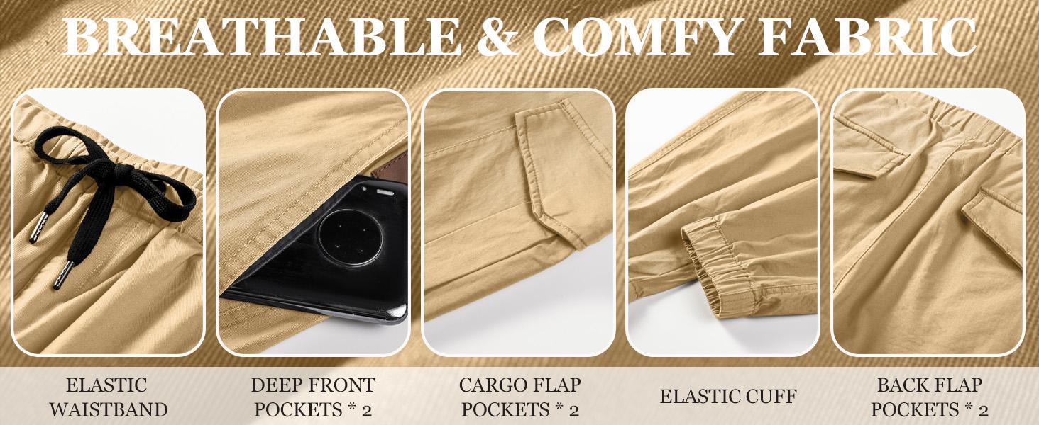 TUREFACE Men's Flex Stretch Cotton Cargo Pants Slim Fit Beige Multi-pocket Lightweight Comfortable Long Pants with Elastic Drawstring Waistband