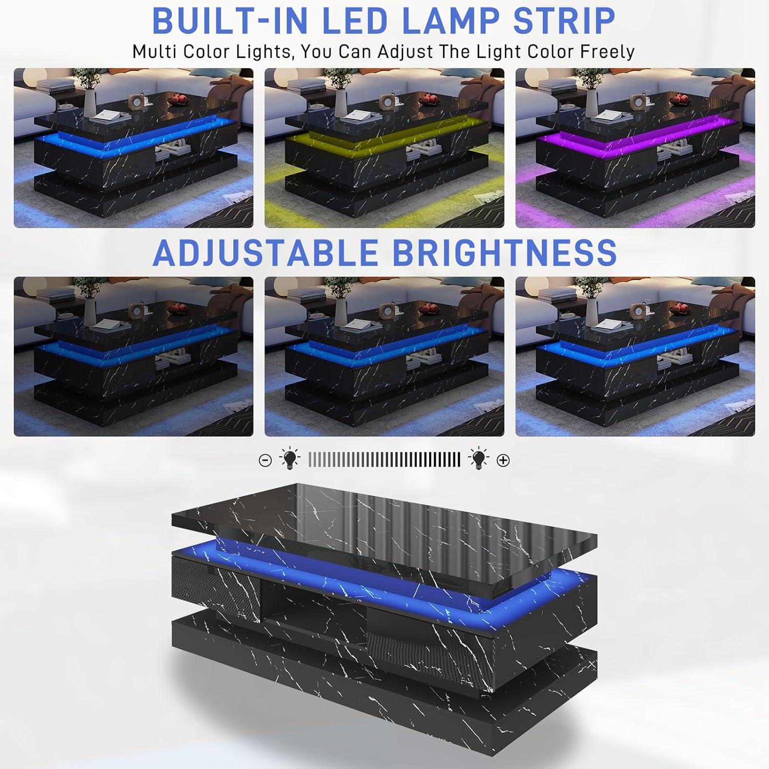 47.2 inch Modern High Glossy LED Coffee Table with 2 Sliding Drawers, Double-Layer Center Tables with LED Lights for Livings Room Furniture, Black