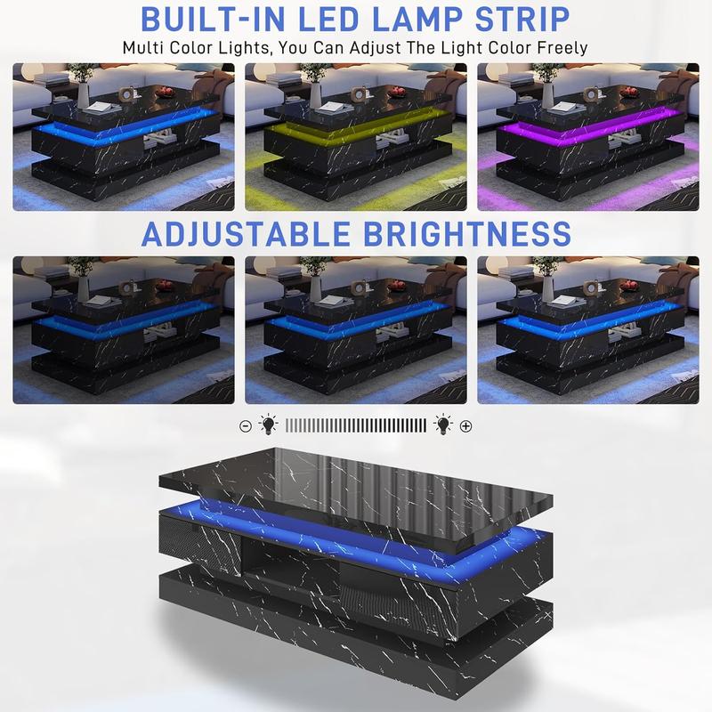 47.2 inch Modern High Glossy LED Coffee Table with 2 Sliding Drawers, Double-Layer Center Tables with LED Lights for Livings Room Furniture, Black