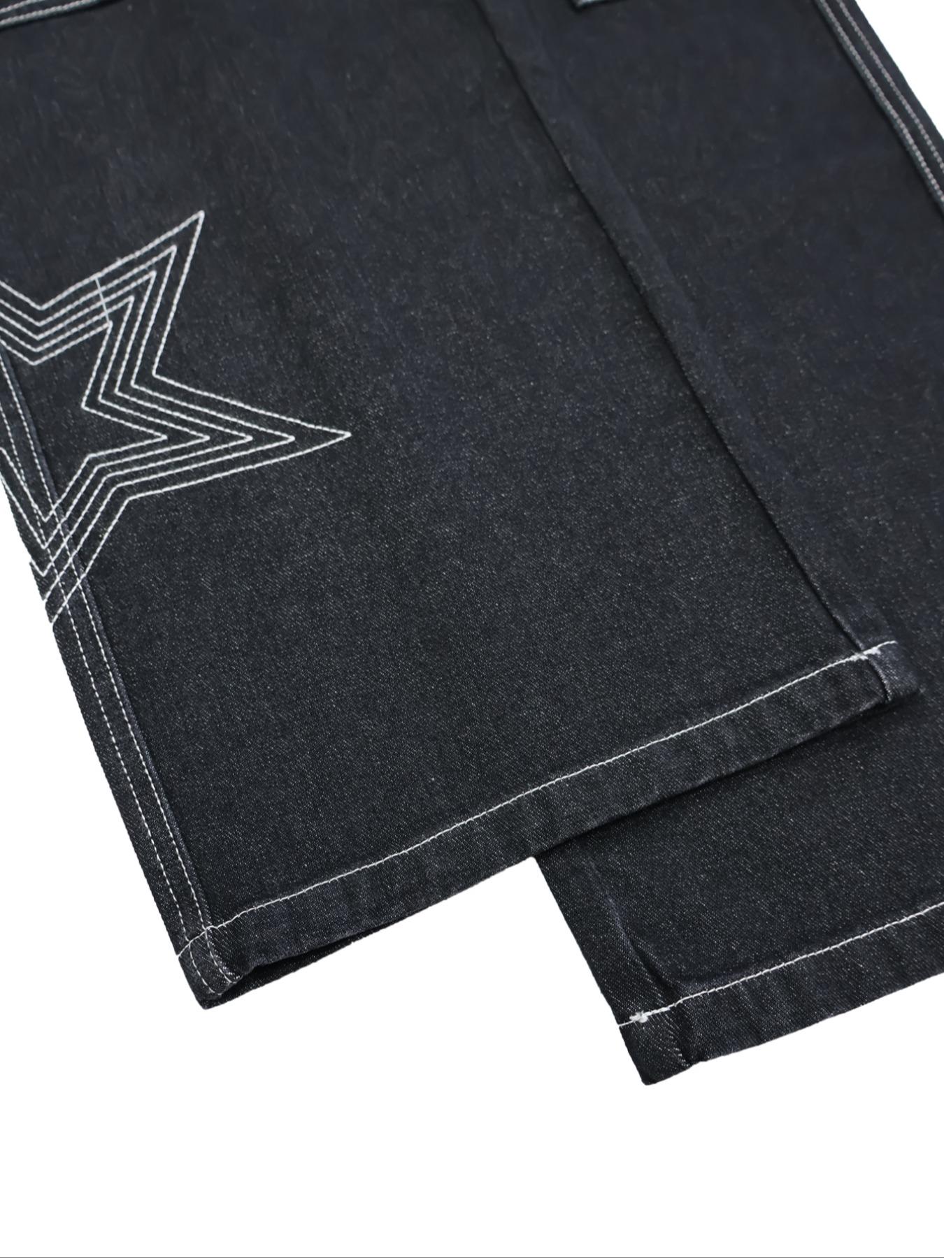 Fashion Streetwear Hip-Hop Straight Leg Embroidered Classic Work Jeans for Men, Trendy Multi-Pocket Work Denim Jeans, Casual Loose Fit