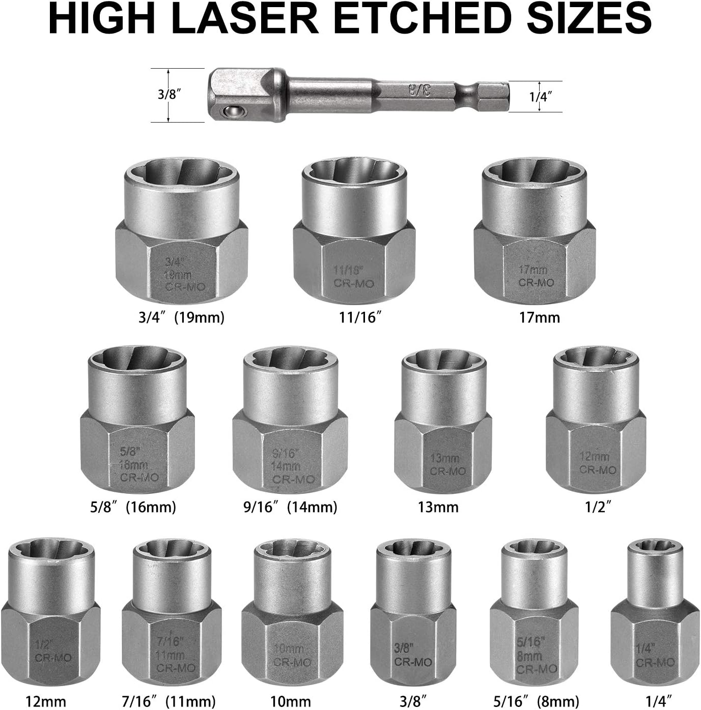 Impact Bolt & Nut Remover Set,13+1 Pieces Bolt Extractor Tool Set with Solid Storage Case,Extraction Socket Set for Removing Damaged,Frozen,Rusted,Rounded-Off Bolts,Nuts and Screws. Halloween/Thanksgiving/Christmas—The Best Choice for Gifts