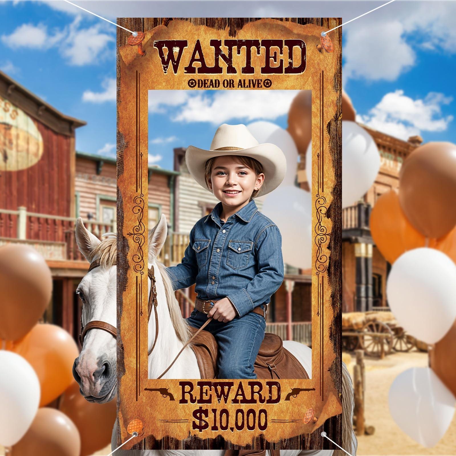 Large Cowboy Party Decorations Banners Western Wanted Photo Banner Fun Frame Prop Wild West Selfie Banner for Birthday Game Party Vintage Country Decor