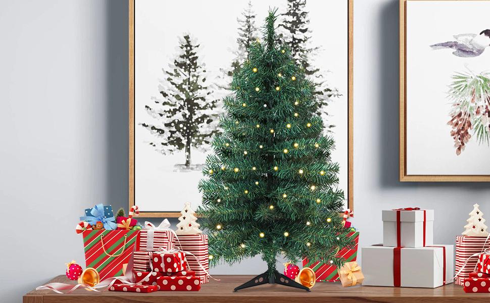 Okicoler 3 Ft Pre-Lit Christmas Tree, Artificial Christmas Trees with Lighting, Xmas Trees with 25 Led Lights, 100 Branch Christmas Decoration for Home, Office, Easy Assembly Ornaments