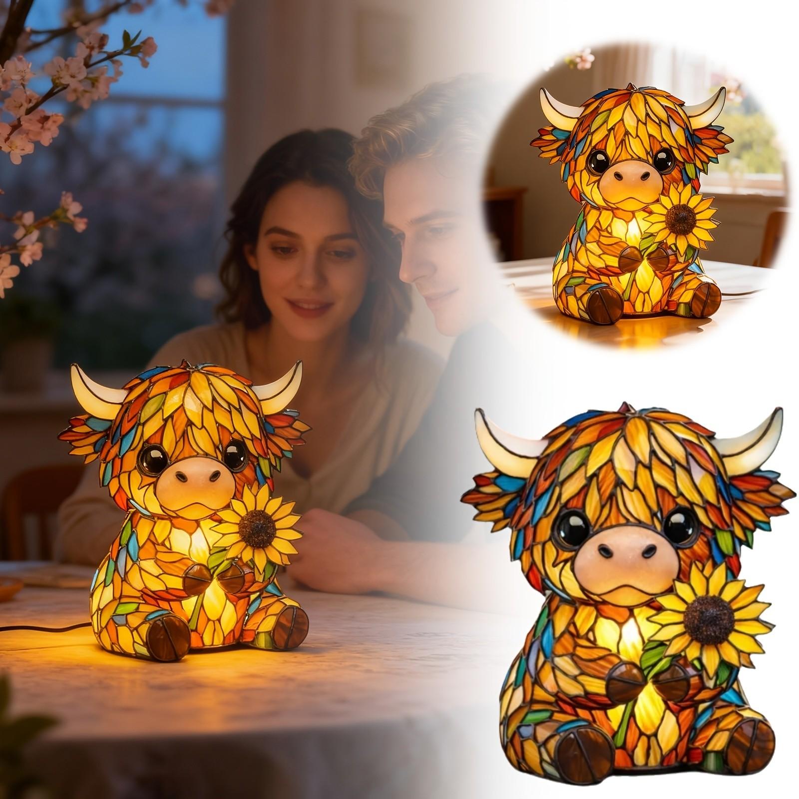 Funny Highland Cow Sunflower Statue, Warm Tone Quirky Style Desktop Lamp, Eco-Friendly Resin, USB Powered, Perfect Gift for Animal Lovers