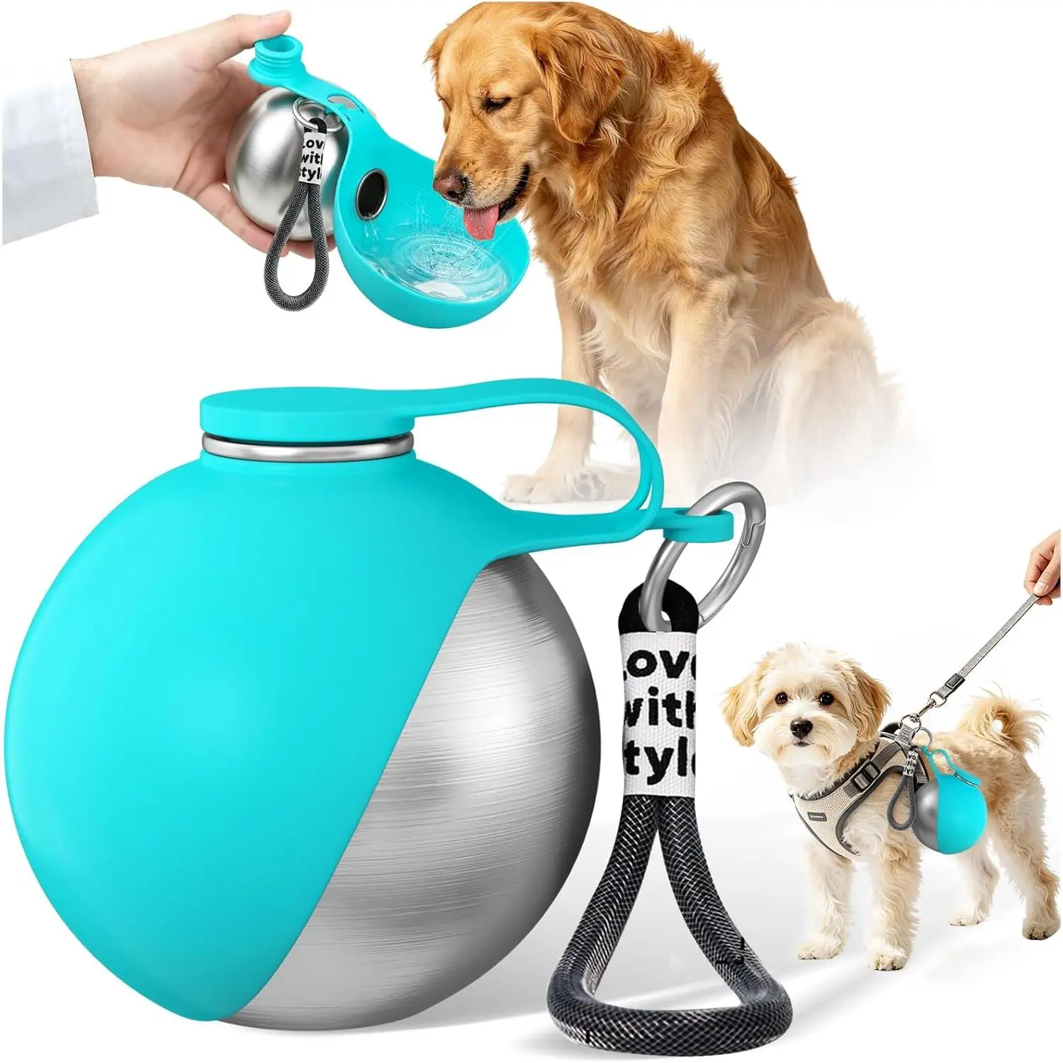 2 in 1 Dog Water Bottle with Bowl, 10oz Stainless Steel Travel Pet Water Dispenser, No-Spill Leak-Proof Design with Silicone Bowl, Compact Pet Drinking Bowl for Puppies Outdoor (Blue) Toy Dog