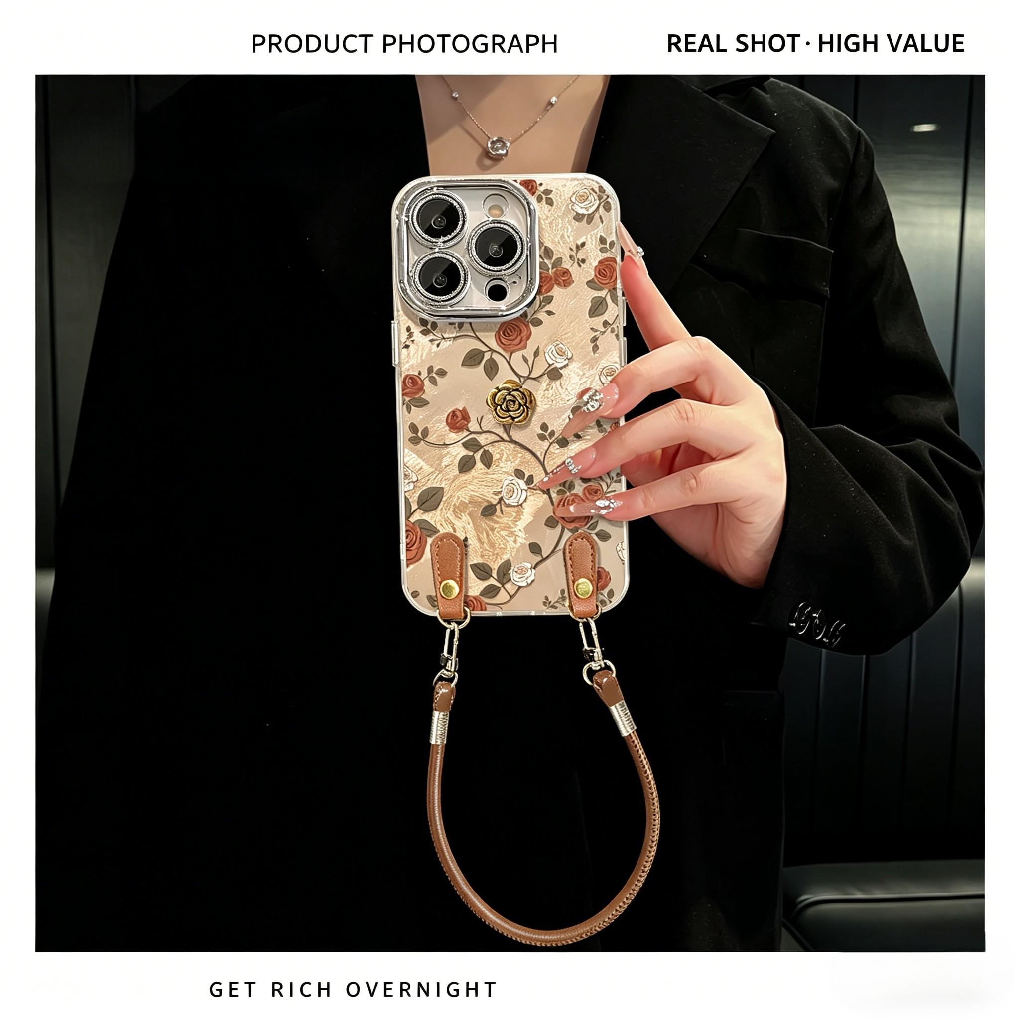 Vintage Rose Phone Case for iPhone 17 Pro Max, Luxury Acrylic Cover with Leather Wrist Strap, Full Camera Protection Shockproof Case, Elegant Floral Aesthetic for Women Girls