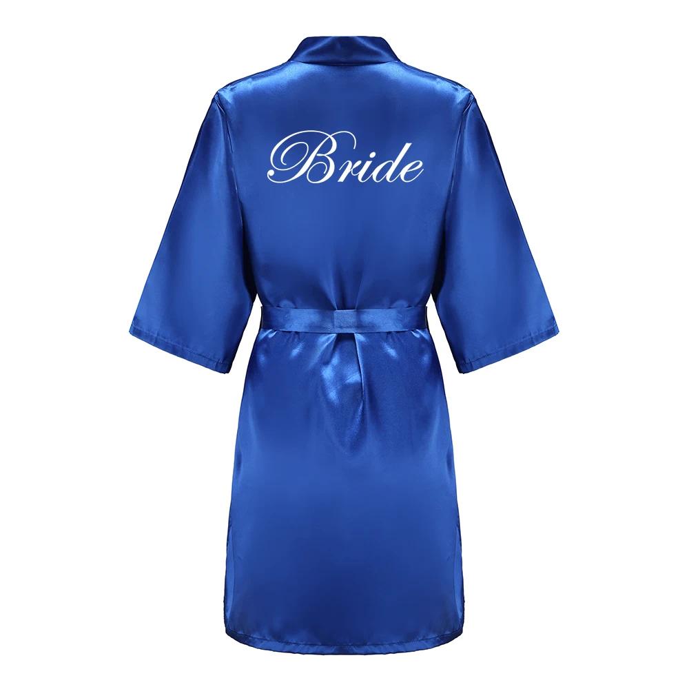 Team Bride Satin Kimono Lounge Robe, Royal Blue Bridesmaid Bathrobe with White Letters, Wedding Party Stress Relief Loungewear