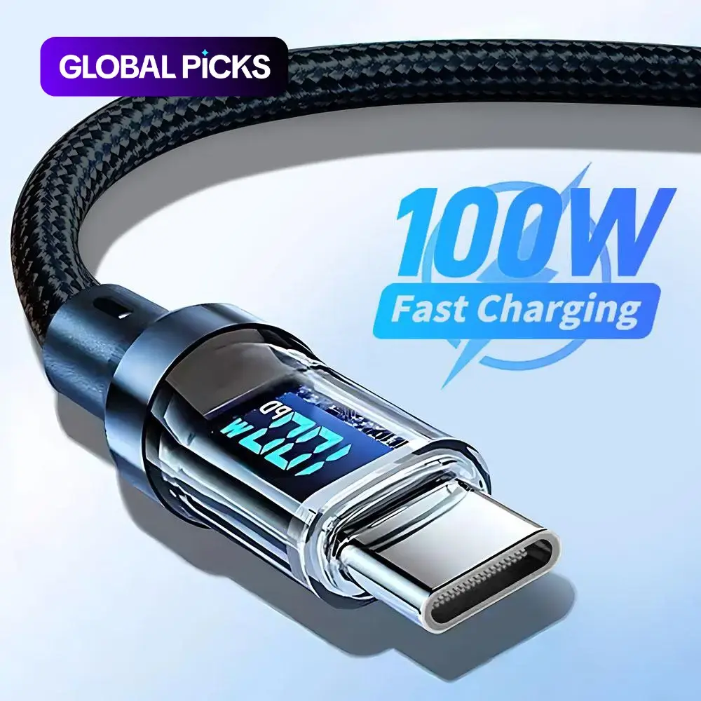 100W PD Fast Charging Type-C Phone Data Cable, Intelligent Digital Display Charger Cable, Wear-Resistant Nylon Braided Durable Data Cable for iPhone 15 & Android #GLOBAL PICKS