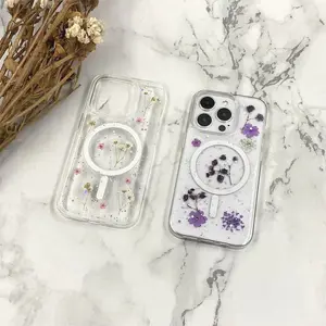 Real Dried Flower Glitter Magnetic MagSafe Phone Case, 2‑Color (Pink‑White & Purple) Resin Transparent Shockproof Protective Cover for iPhone 17/16/15/14/13/12/11/XS/XR/X/8/7/6S Mini/Plus/Pro/Pro Max/SE & Samsung Galaxy S25/S24/S23/S22 Ultra