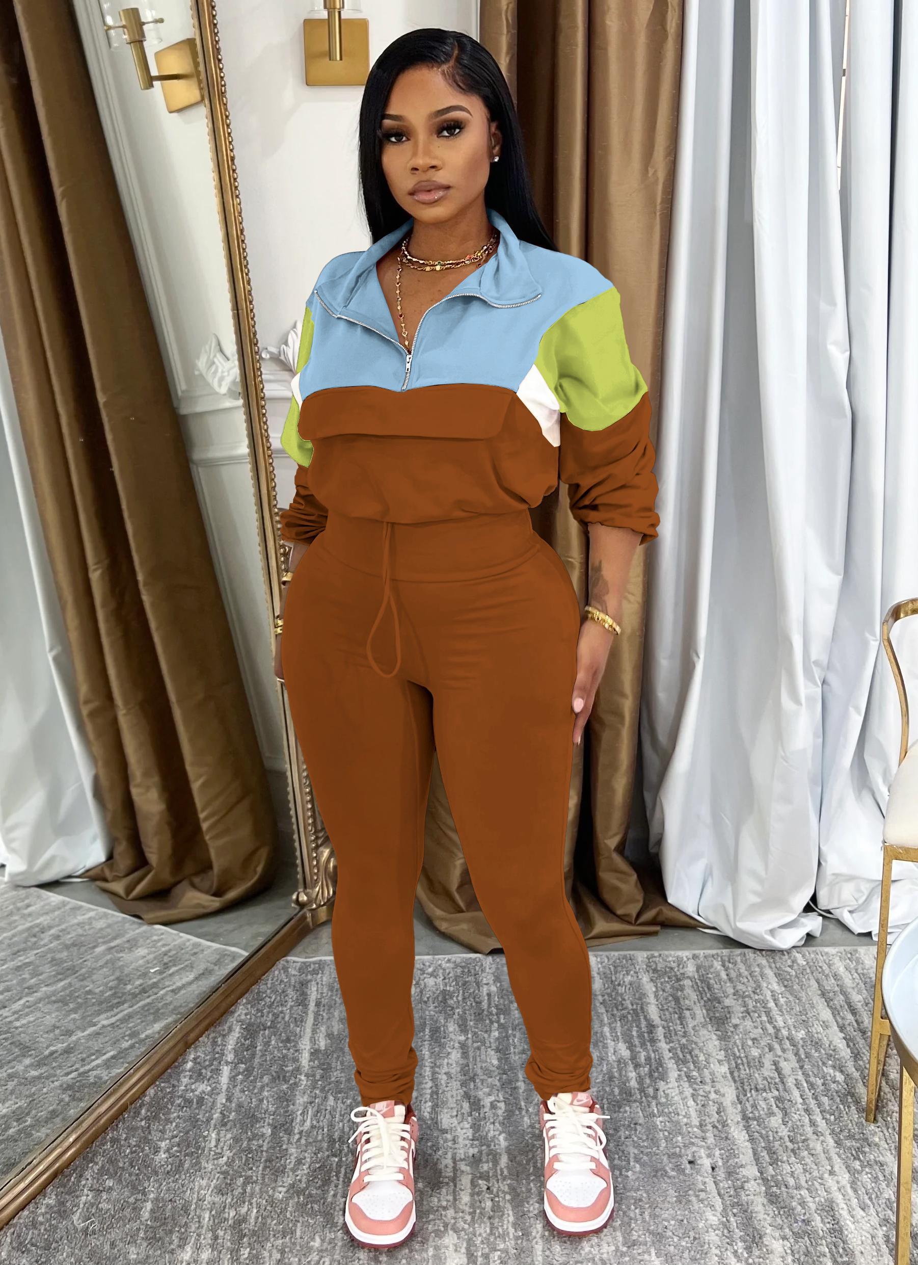 USBoutique Chic Women's Two Piece Outfits Knit Zip Top Jacket & Elastic Waistband Pant Tracksuit Sets 2-piece Pink Blue Colorblock