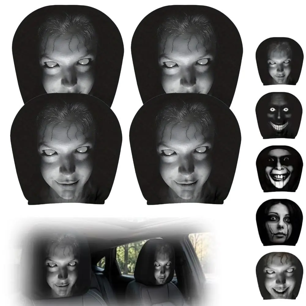 2/4 Pcs Ghost Face Headrest Covers, Scary Face Printing Auto Seat Universal Elastic Models Headrest Protector  Cover Funny Decoration for Car Interior Vehicle Truck SUV