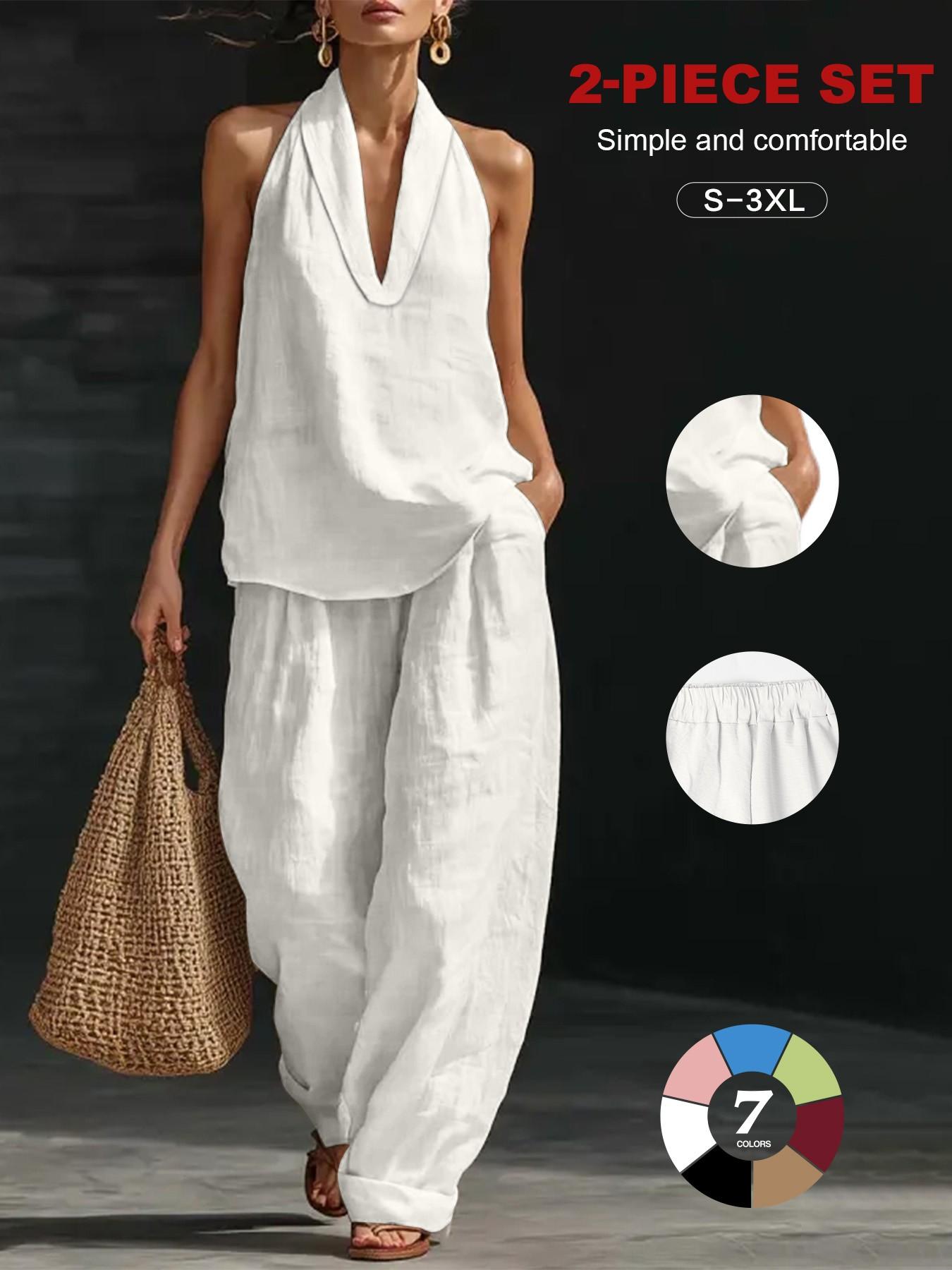 2026 Women's Linen Set, 2-Piece, Halter V-Neck Top, High-Waist Wide-Leg Pants, Casual Summer Beach Loungewear, Comfortable & Stylish