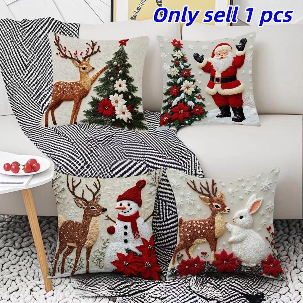 Christmas Decorative Pillowcase, Santa and Reindeer Print, Flat Design, No Embroidery, for Sofa, Bed, Home Décor, Christmas Gift