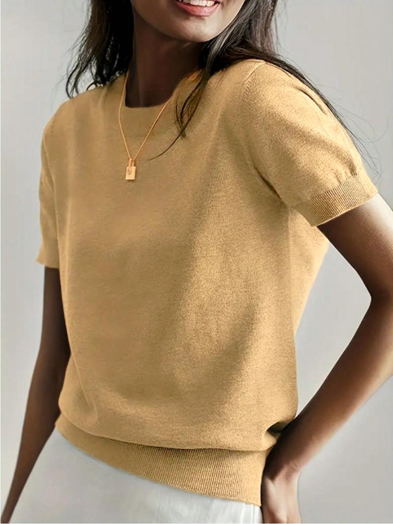 Women's Solid Color Crew Neck Short Sleeve Sweater, Casual Basic Knit Pullover for Spring & Fall, Fashion Women's Knitwear for Daily Wear, Womenswear Women's Solid Color Crew Neck Short Sleeve Sweater, Casual Basic Knit Pullover for Spring & Fall, Fashion Women's Knitwear for Daily Wear, Womenswear